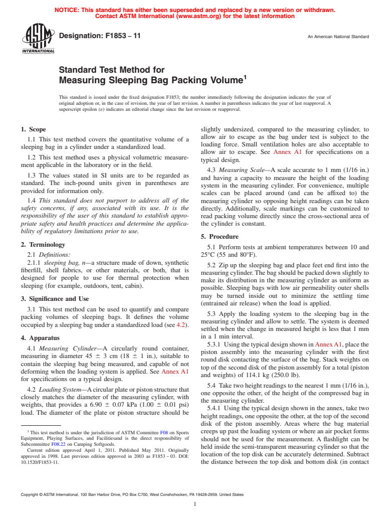 ASTM F1853-11 - Standard Test Method for Measuring Sleeping Bag Packing Volume