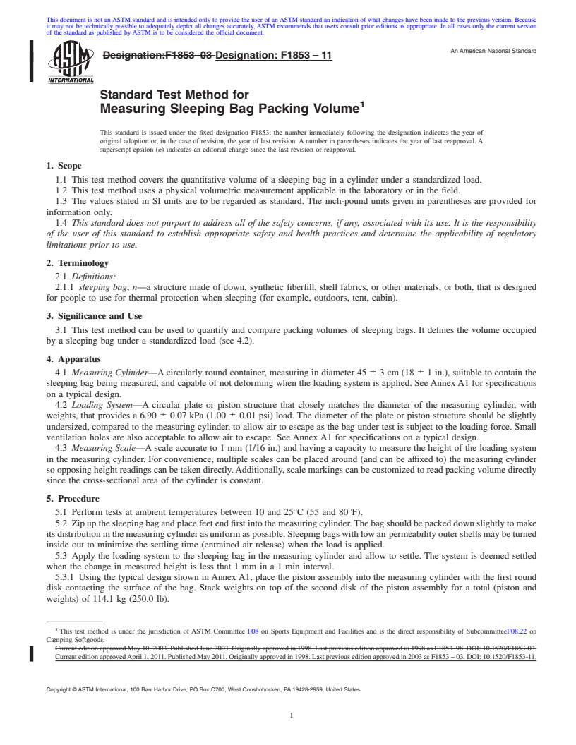 REDLINE ASTM F1853-11 - Standard Test Method for Measuring Sleeping Bag Packing Volume