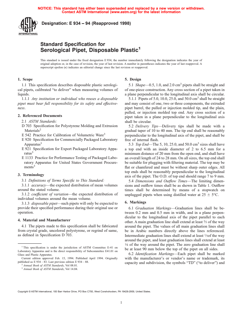 ASTM E934-94(1998) - Standard Specification for Serological Pipet, Disposable Plastic