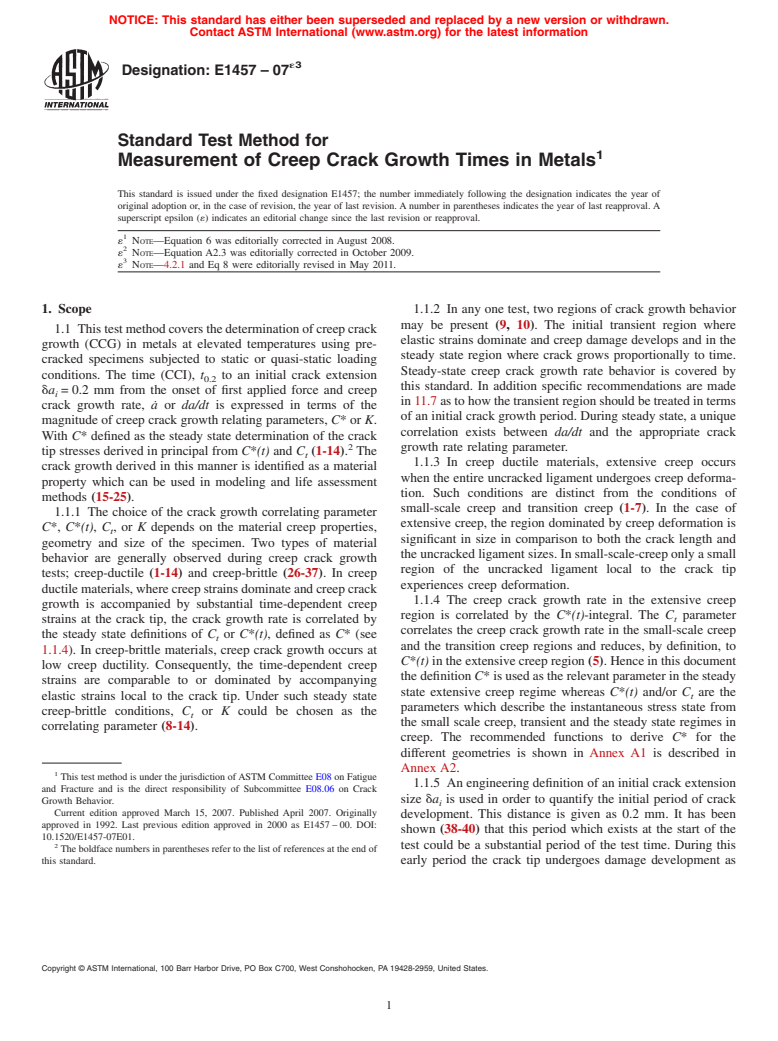 ASTM E1457-07e3 - Standard Test Method for Measurement of Creep Crack Growth Times in Metals