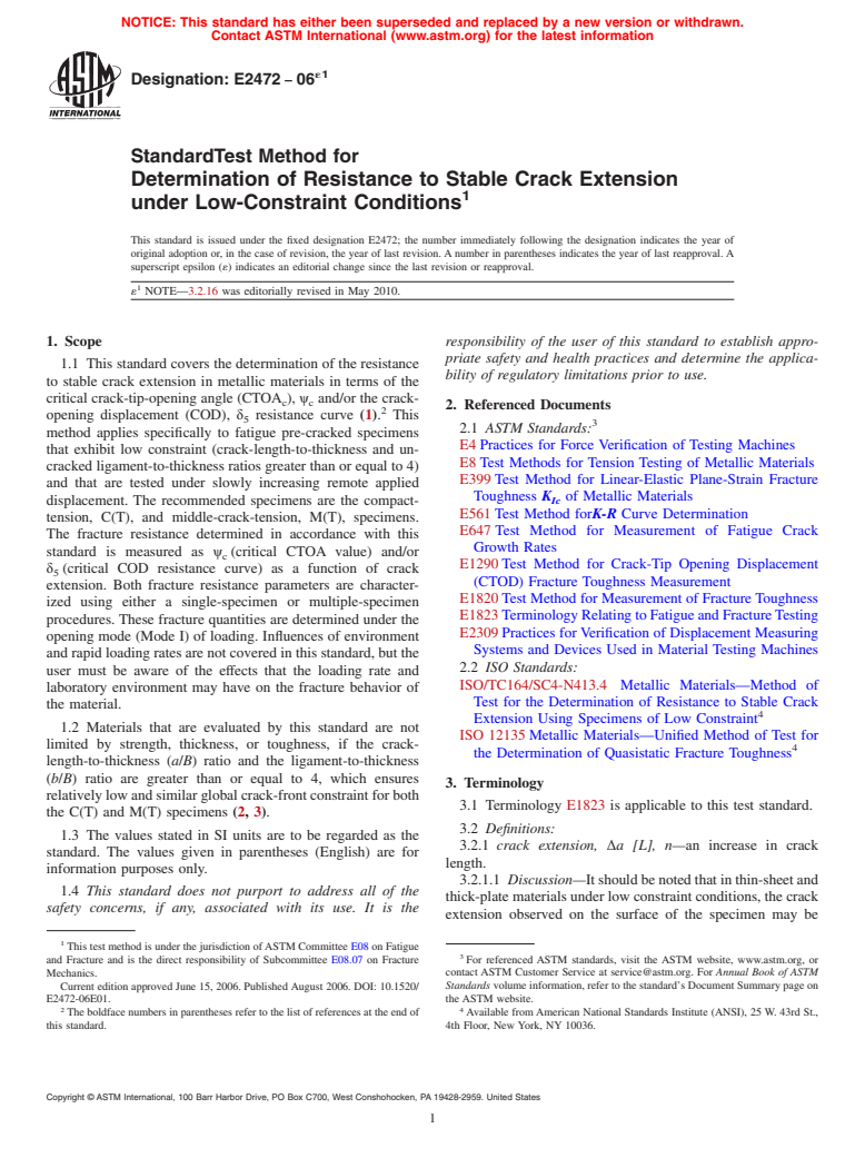 ASTM E2472-06e1 - Standard Test Method for Determination of Resistance to Stable Crack Extension under Low-Constraint Conditions