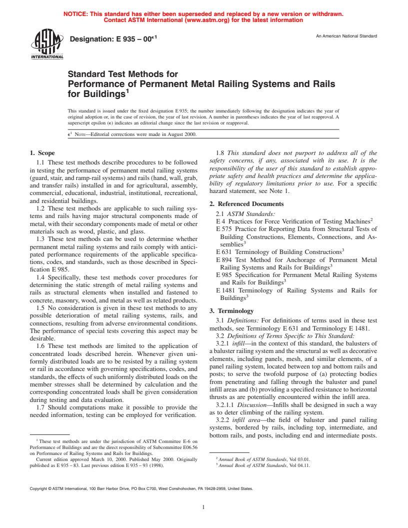 ASTM E935-00e1 - Standard Test Methods for Performance of Permanent Metal Railing Systems and Rails for Buildings