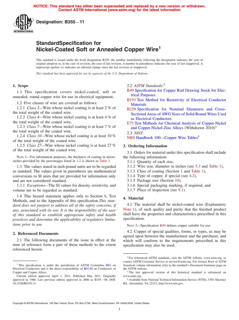 ASTM B355-11 - Standard Specification for Nickel-Coated Soft or Annealed Copper Wire