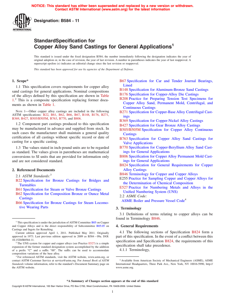 ASTM B584-11 - Standard Specification for  Copper Alloy Sand Castings for General Applications