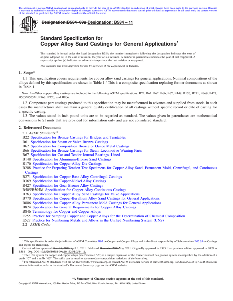 REDLINE ASTM B584-11 - Standard Specification for  Copper Alloy Sand Castings for General Applications