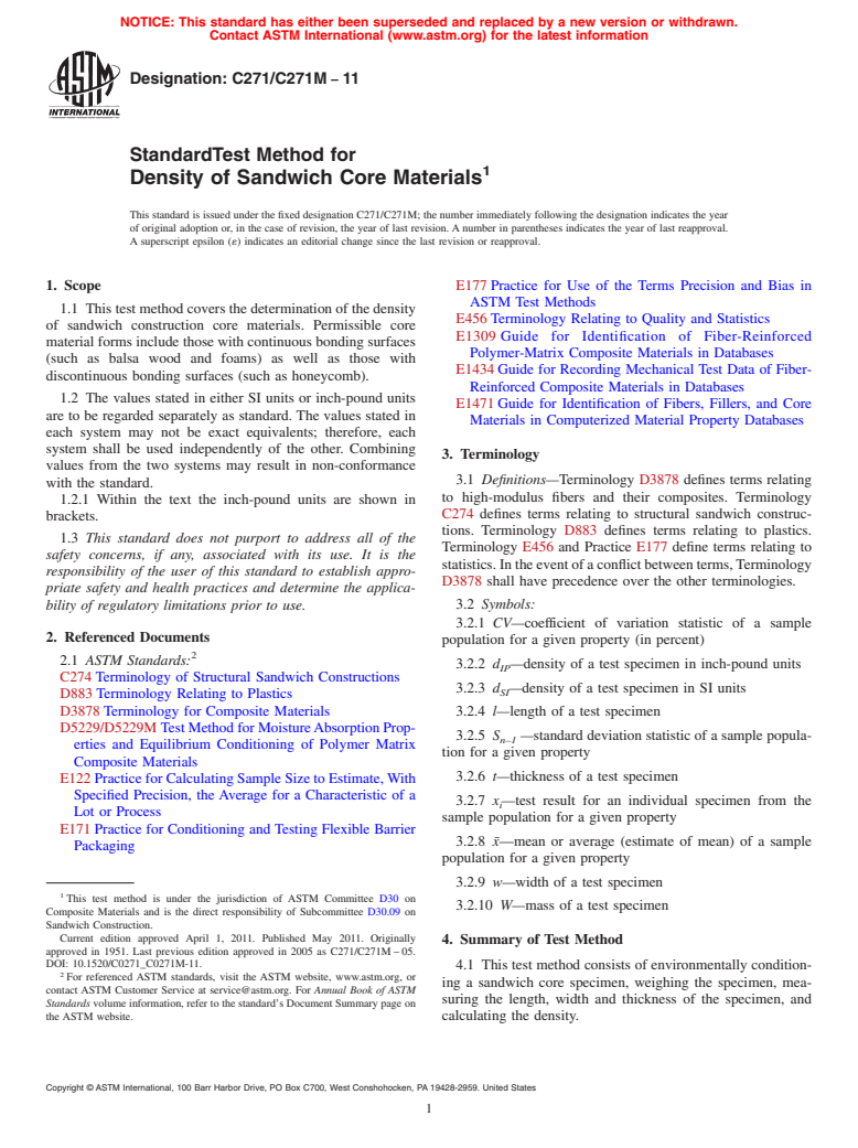 ASTM C271/C271M-11 - Standard Test Method for Density of Sandwich Core Materials