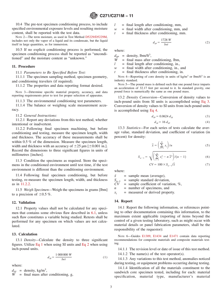 ASTM C271/C271M-11 - Standard Test Method for Density of Sandwich Core Materials