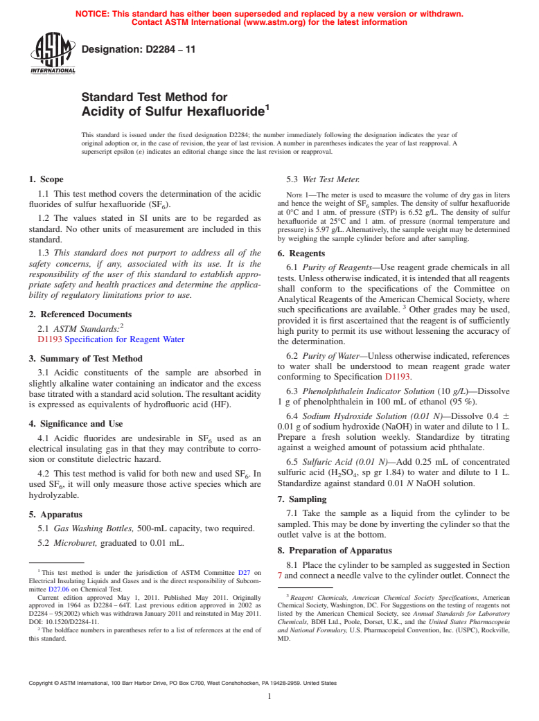 ASTM D2284-11 - Standard Test Method for Acidity of Sulfur Hexafluoride