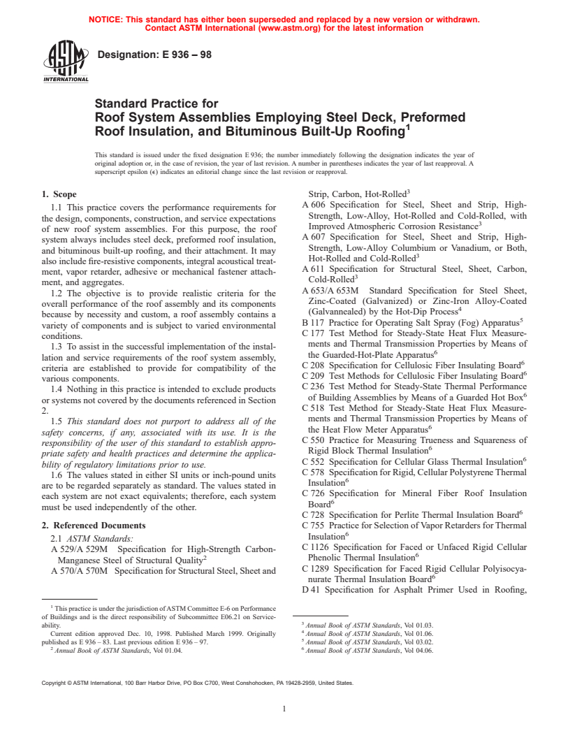 ASTM E936-98 - Standard Practice for Roof System Assemblies Employing Steel Deck, Preformed Roof Insulation, and Bituminous Built-Up Roofing