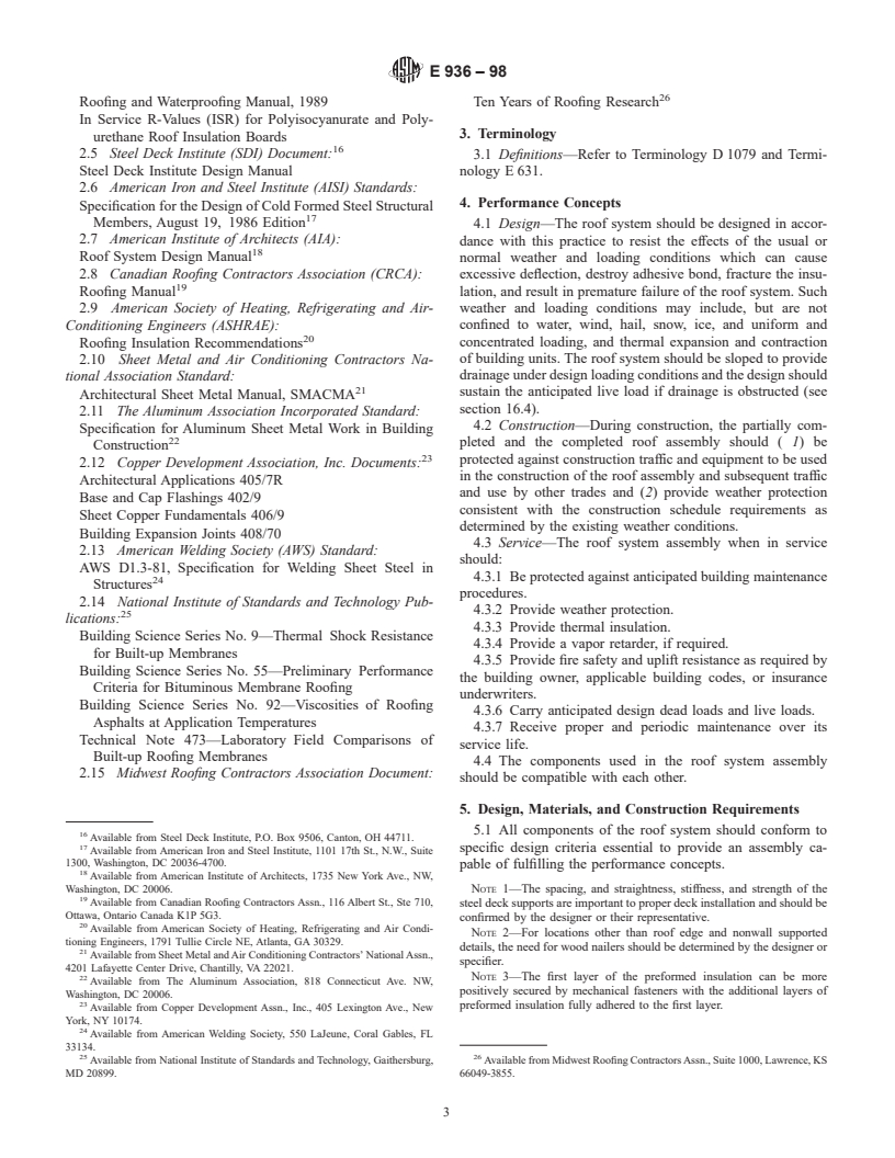 ASTM E936-98 - Standard Practice for Roof System Assemblies Employing Steel Deck, Preformed Roof Insulation, and Bituminous Built-Up Roofing