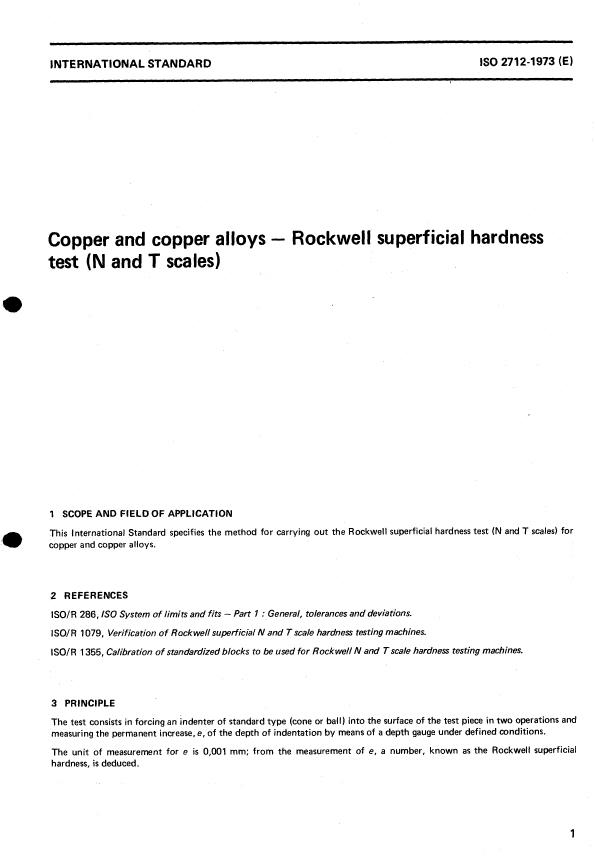 ISO 2712:1973 - Copper and copper alloys -- Rockwell superficial hardness test (N and T scales)
