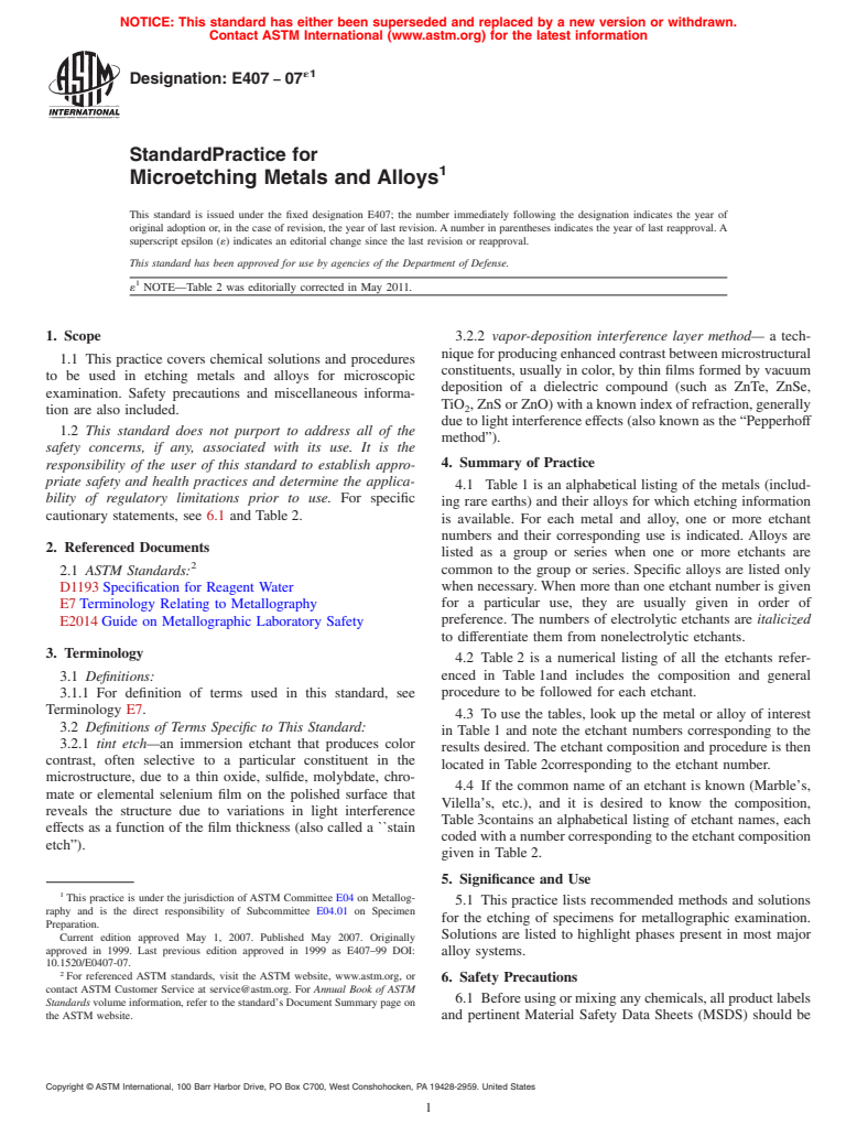 ASTM E407-07e1 - Standard Practice for Microetching Metals and Alloys