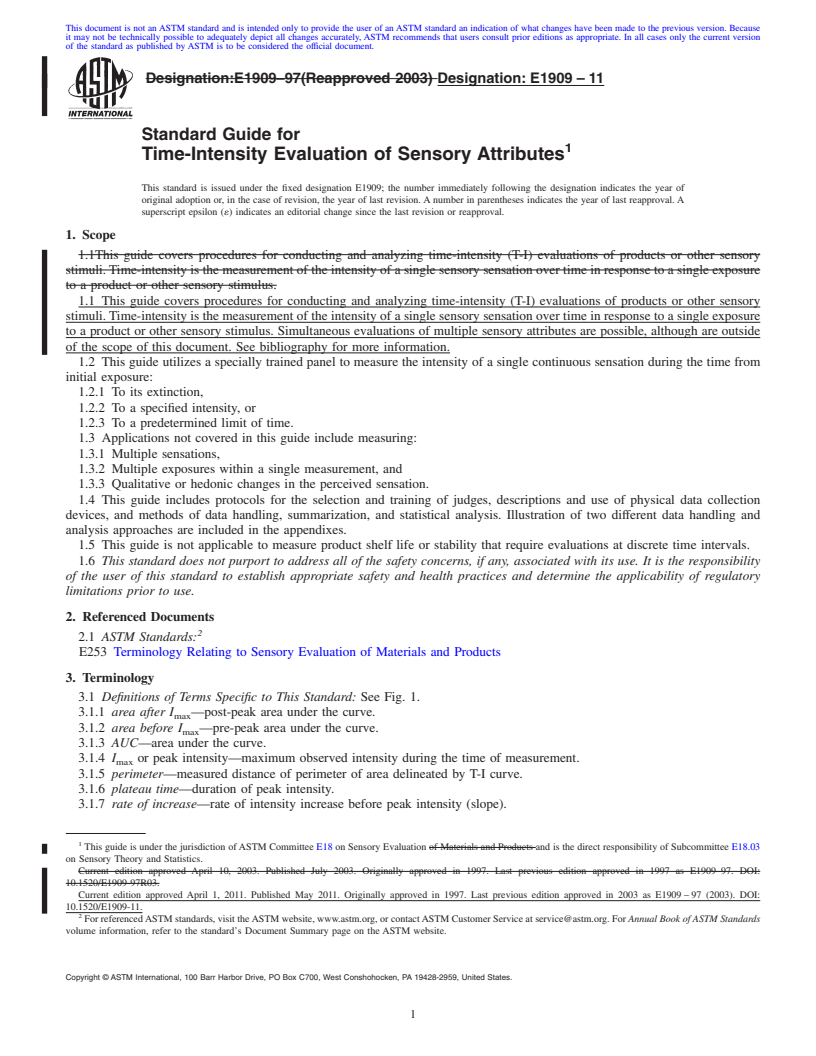 REDLINE ASTM E1909-11 - Standard Guide for Time-Intensity Evaluation of Sensory Attributes