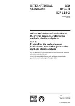 ISO 8196-3:2022 - Milk — Definition and evaluation of the overall accuracy of alternative methods of milk analysis — Part 3: Protocol for the evaluation and validation of alternative quantitative methods of milk analysis
Released:5/11/2022 - Page 1 preview
