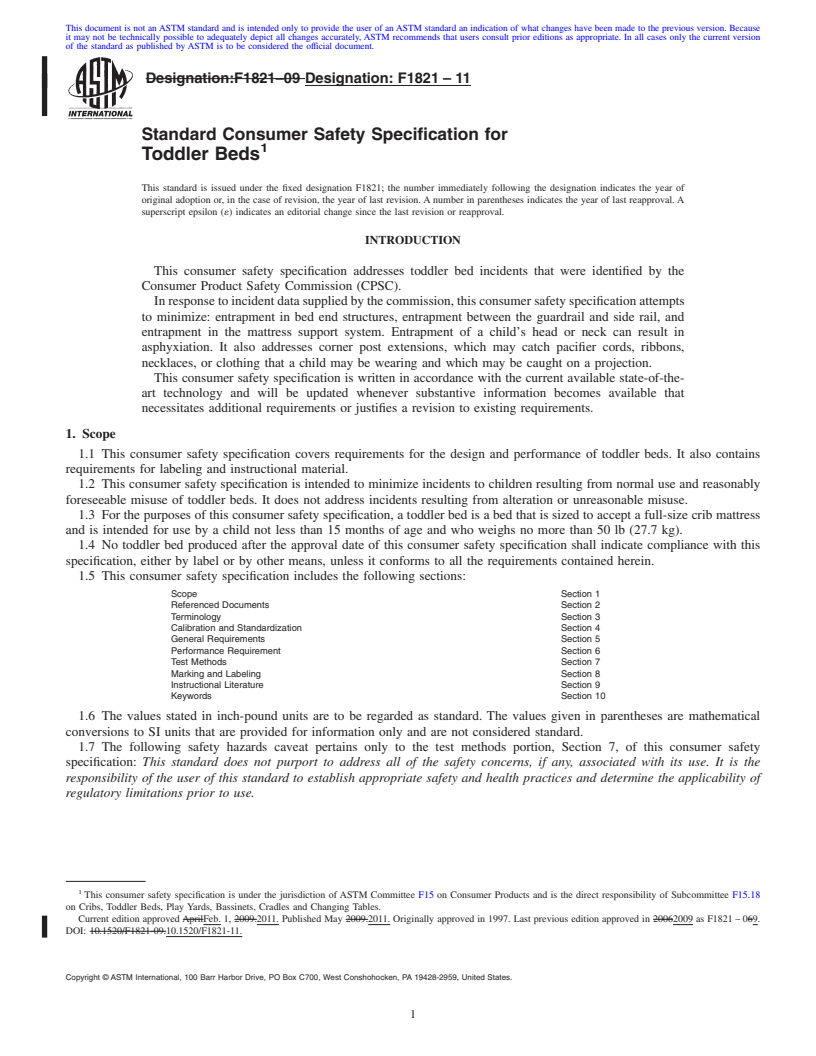 REDLINE ASTM F1821-11 - Standard Consumer Safety Specification for Toddler Beds