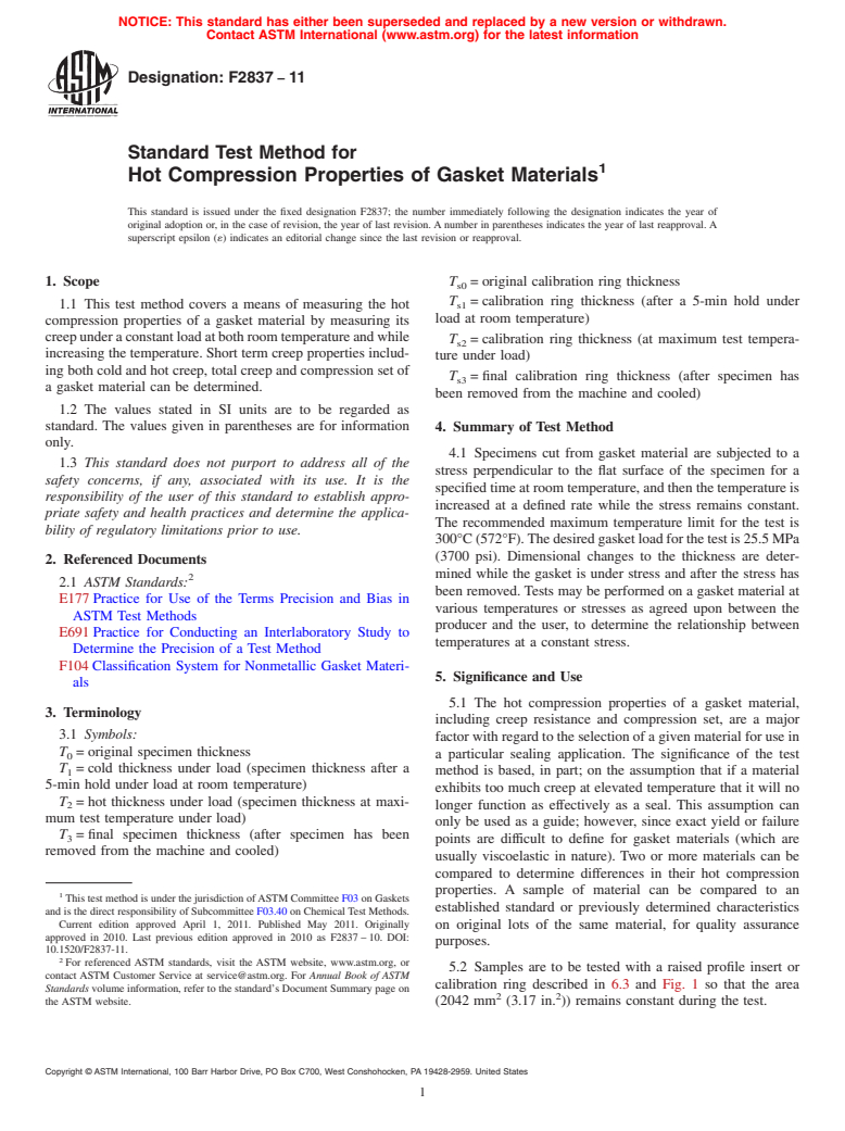 ASTM F2837-11 - Standard Test Method for Hot Compression Properties of Gasket Materials
