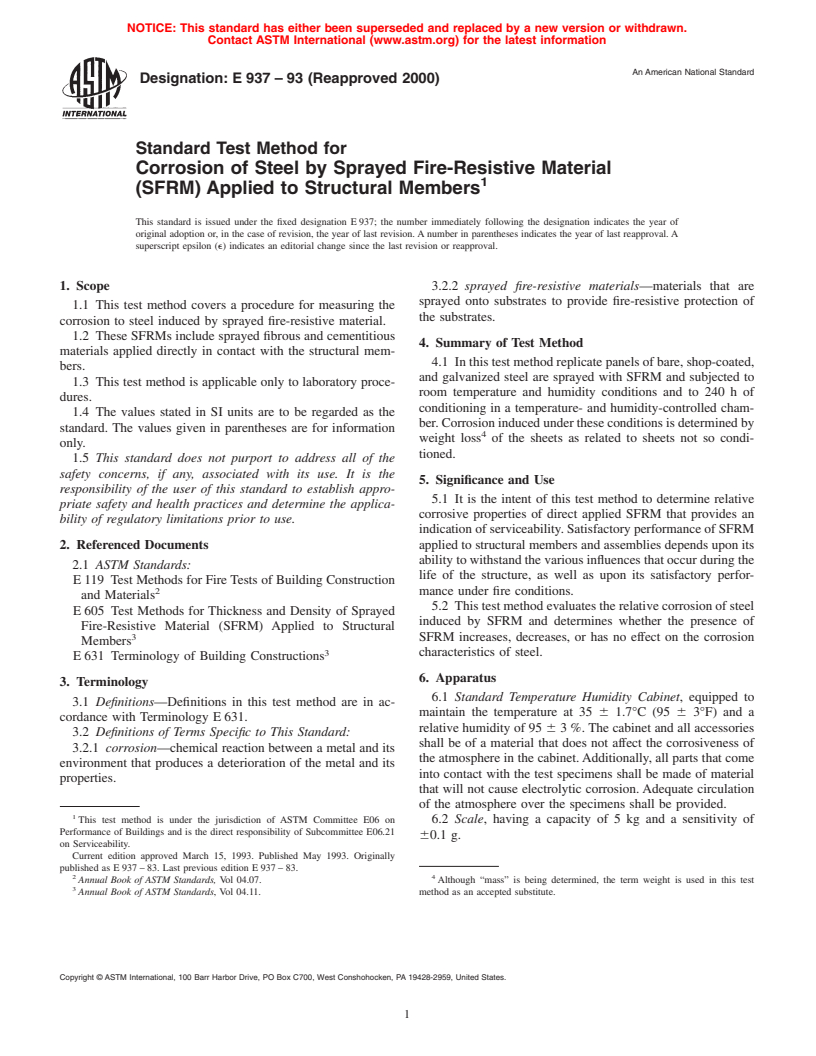 ASTM E937-93(2000) - Standard Test Method for Corrosion of Steel by Sprayed Fire-Resistive Material (SFRM) Applied to Structural Members