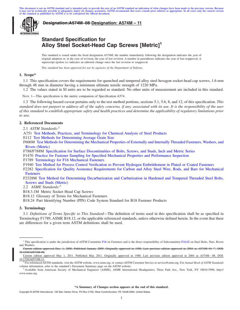 REDLINE ASTM A574M-11 - Standard Specification for Alloy Steel Socket-Head Cap Screws [Metric]