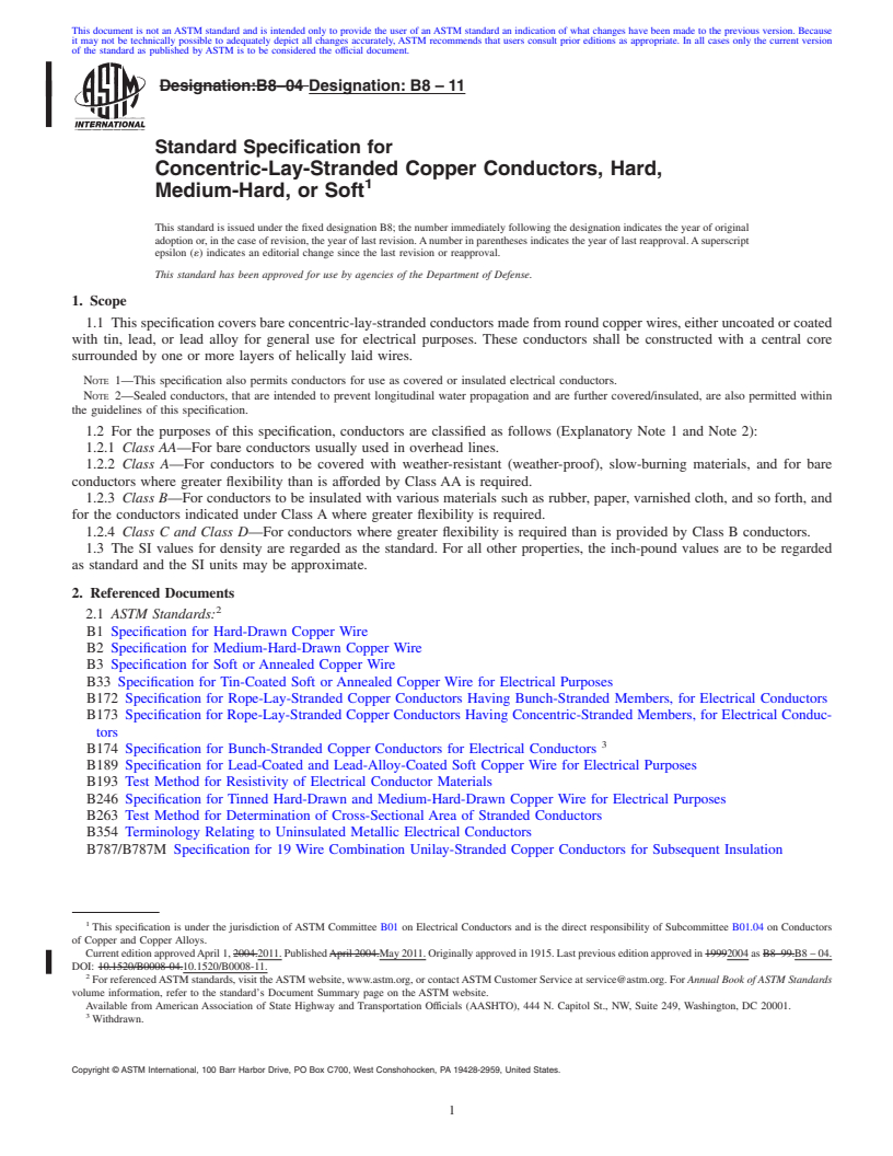 REDLINE ASTM B8-11 - Standard Specification for Concentric-Lay-Stranded Copper Conductors, Hard, Medium-Hard, or Soft