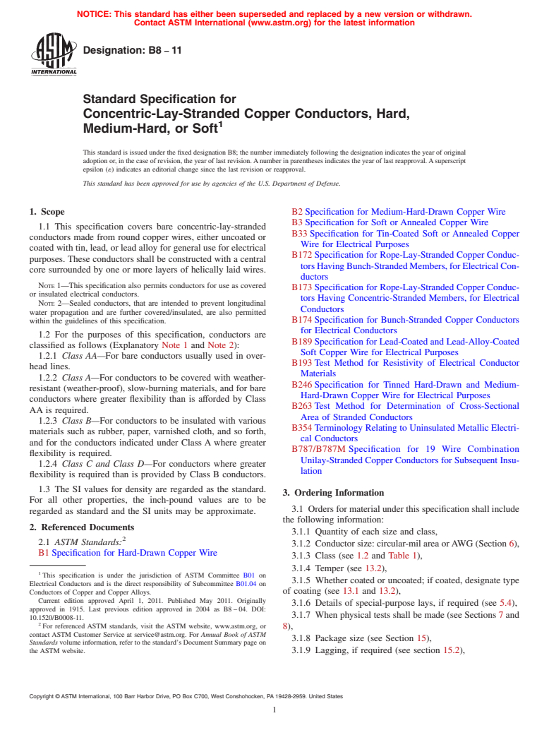 ASTM B8-11 - Standard Specification for Concentric-Lay-Stranded Copper Conductors, Hard, Medium-Hard, or Soft