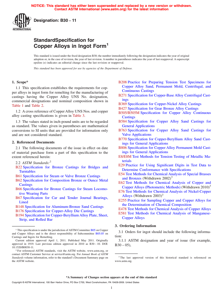 ASTM B30-11 - Standard Specification for  Copper Alloys in Ingot Form