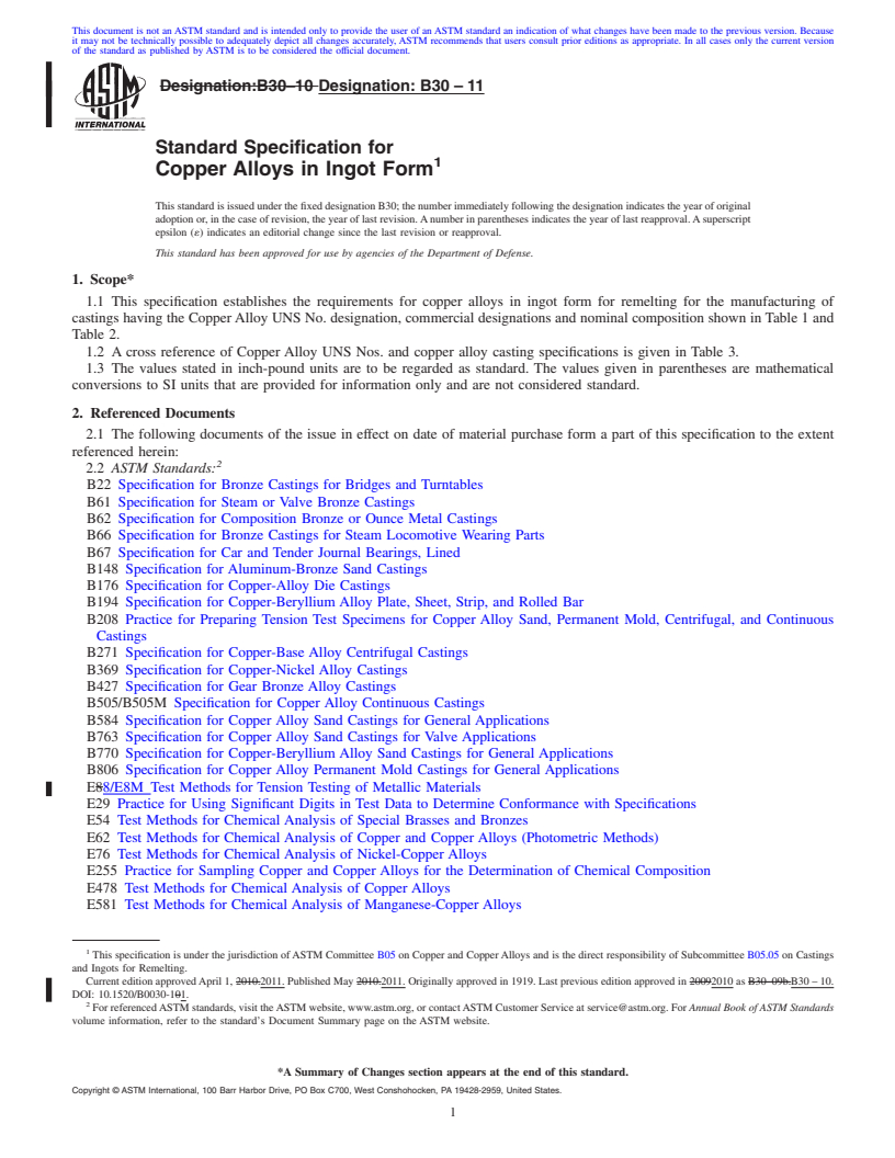 REDLINE ASTM B30-11 - Standard Specification for  Copper Alloys in Ingot Form