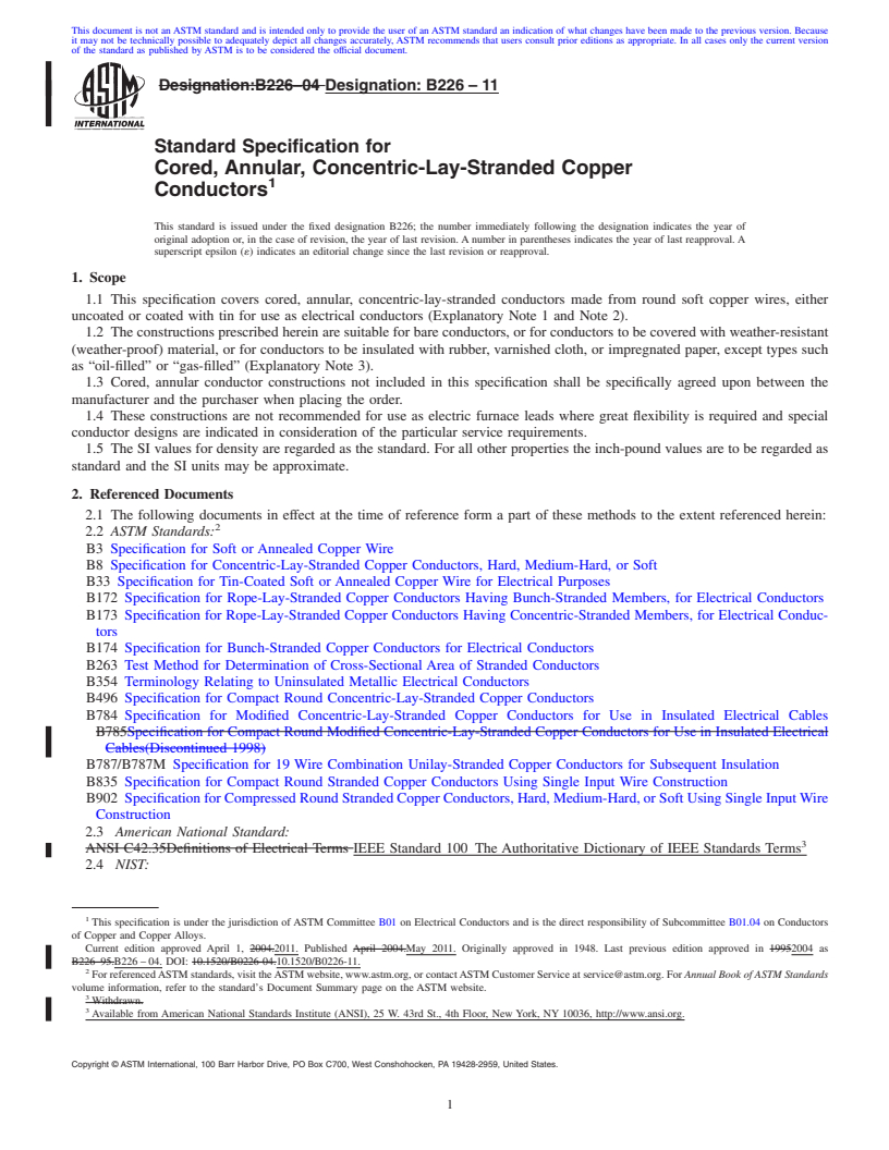 REDLINE ASTM B226-11 - Standard Specification for Cored, Annular, Concentric-Lay-Stranded Copper Conductors