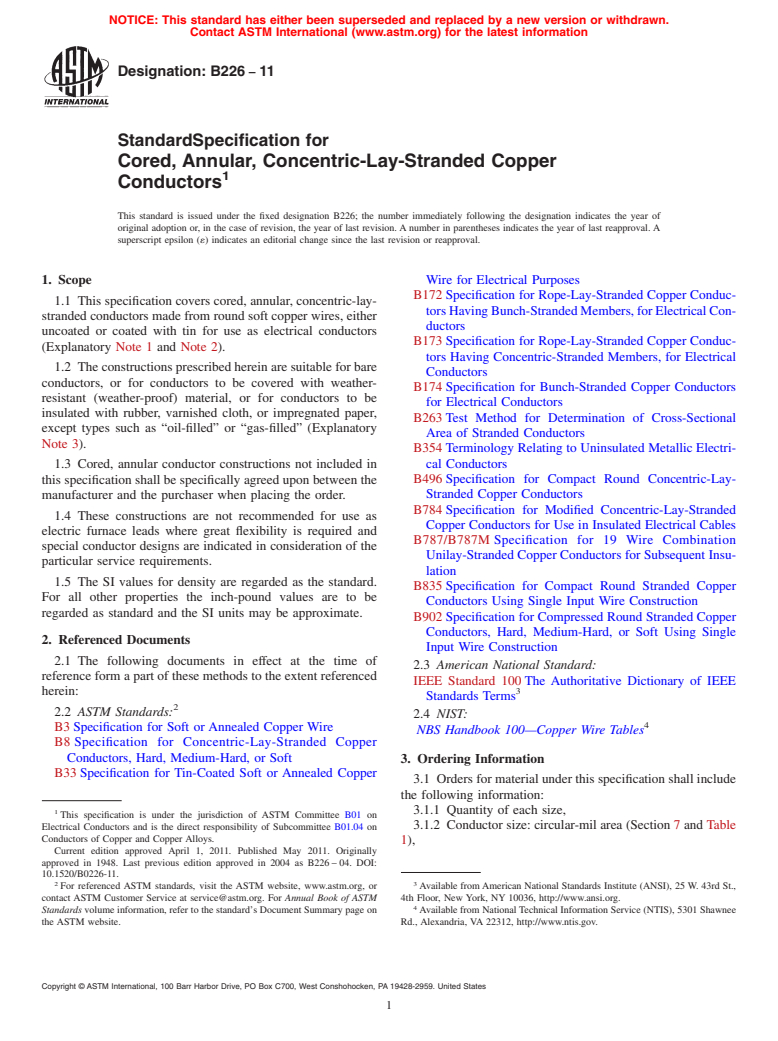 ASTM B226-11 - Standard Specification for Cored, Annular, Concentric-Lay-Stranded Copper Conductors