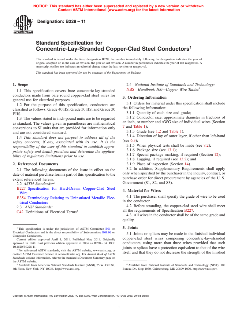 ASTM B228-11 - Standard Specification for Concentric-Lay-Stranded Copper-Clad Steel Conductors