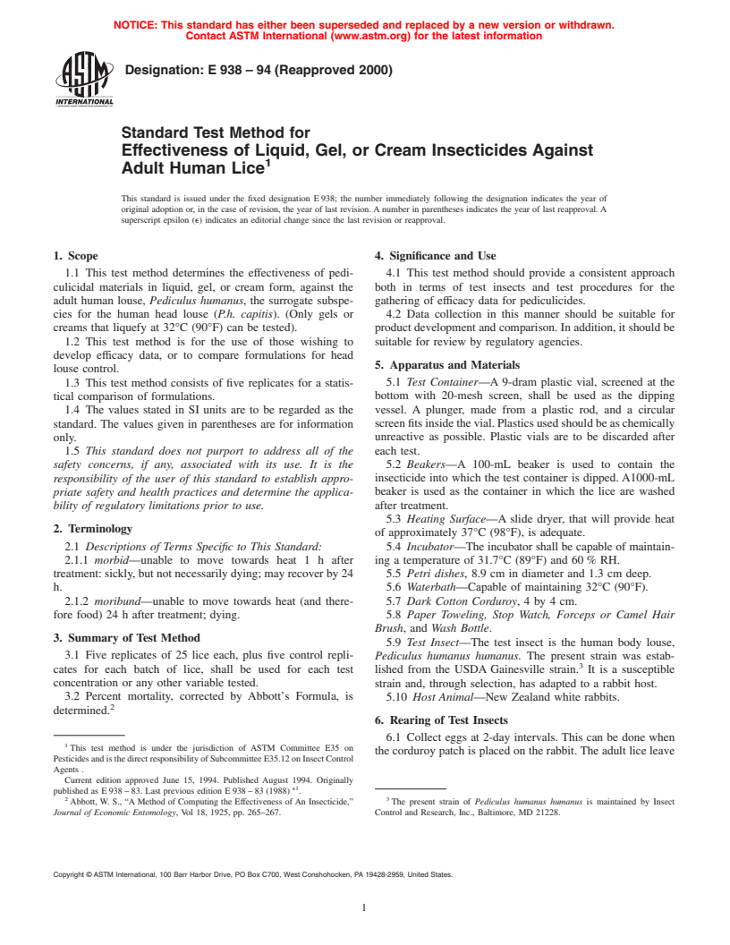 ASTM E938-94(2000) - Standard Test Method for Effectiveness of Liquid, Gel, or Cream Insecticides Against Adult Human Lice