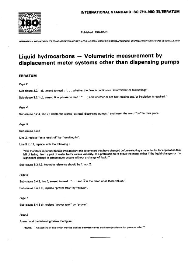 ISO 2714:1980 - Liquid hydrocarbons -- Volumetric measurement by displacement meter systems other than dispensing pumps