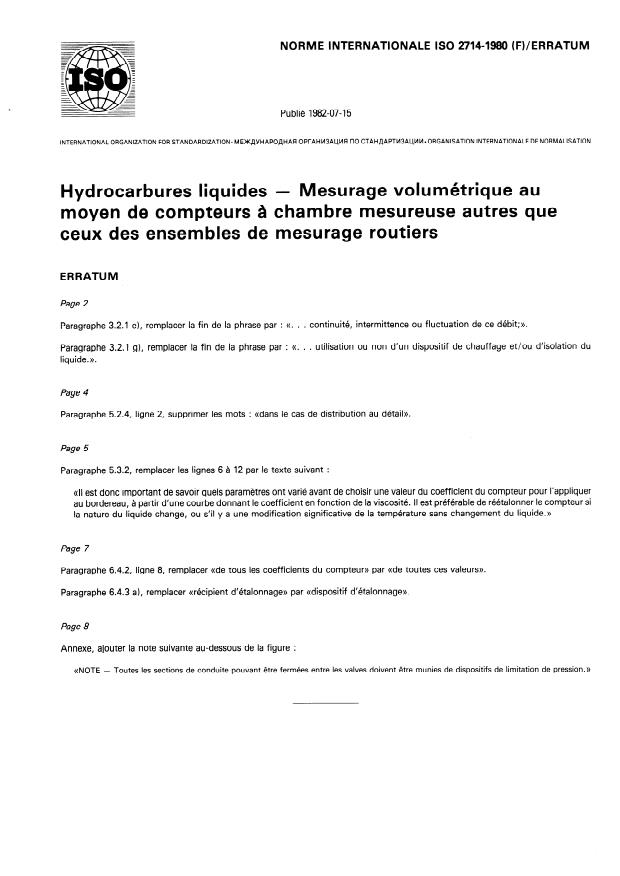 ISO 2714:1980 - Hydrocarbures liquides -- Mesurage volumétrique au moyen de compteurs a chambre mesureuse autres que ceux des ensembles de mesurage routiers