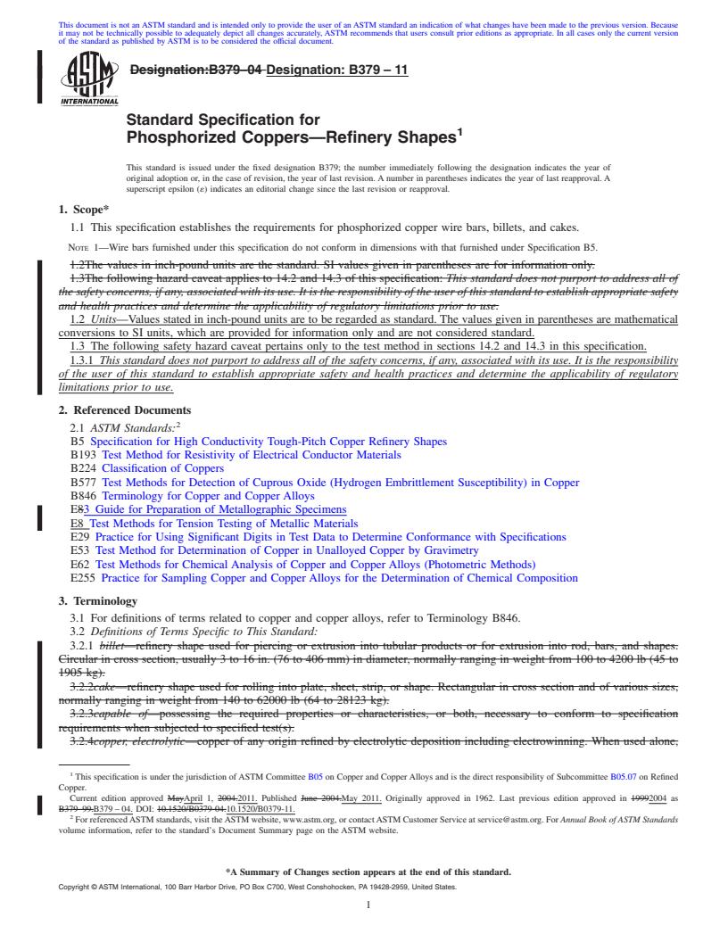 REDLINE ASTM B379-11 - Standard Specification for Phosphorized Coppers&#8212;Refinery Shapes