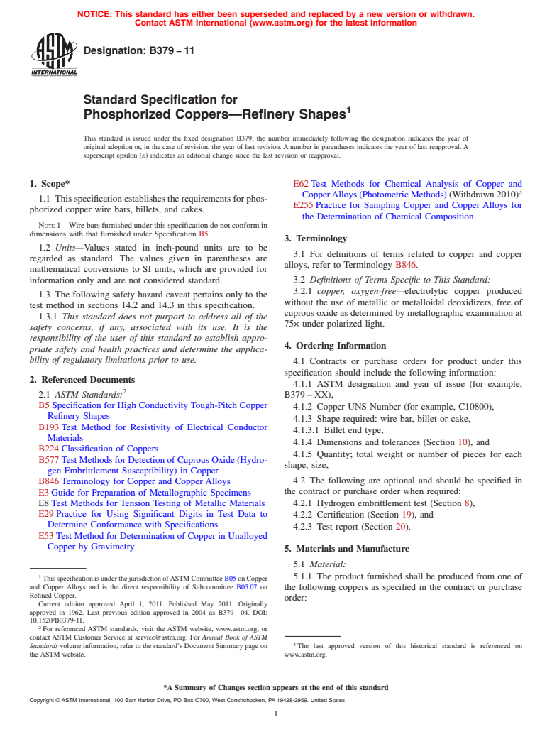 ASTM B379-11 - Standard Specification for Phosphorized Coppers&#8212;Refinery Shapes