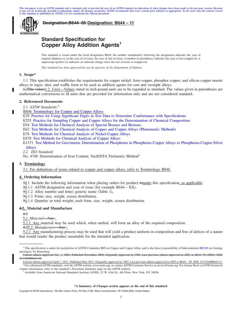 REDLINE ASTM B644-11 - Standard Specification for Copper Alloy Addition Agents