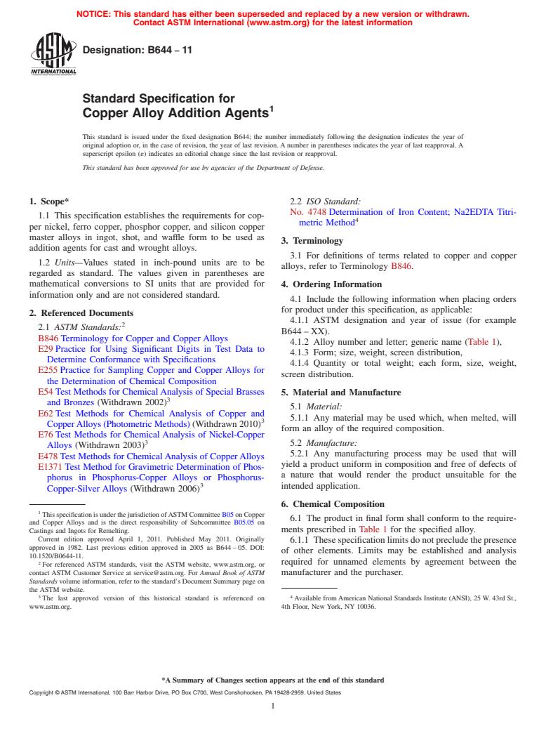 ASTM B644-11 - Standard Specification for Copper Alloy Addition Agents