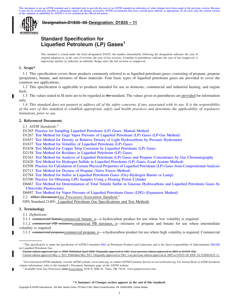 REDLINE ASTM D1835-11 - Standard Specification for Liquefied Petroleum (LP) Gases