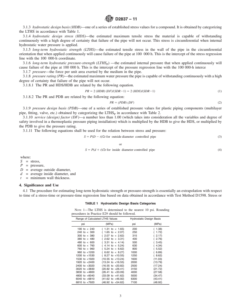 REDLINE ASTM D2837-11 - Standard Test Method for  Obtaining Hydrostatic Design Basis for Thermoplastic Pipe Materials or Pressure Design Basis for Thermoplastic Pipe Products