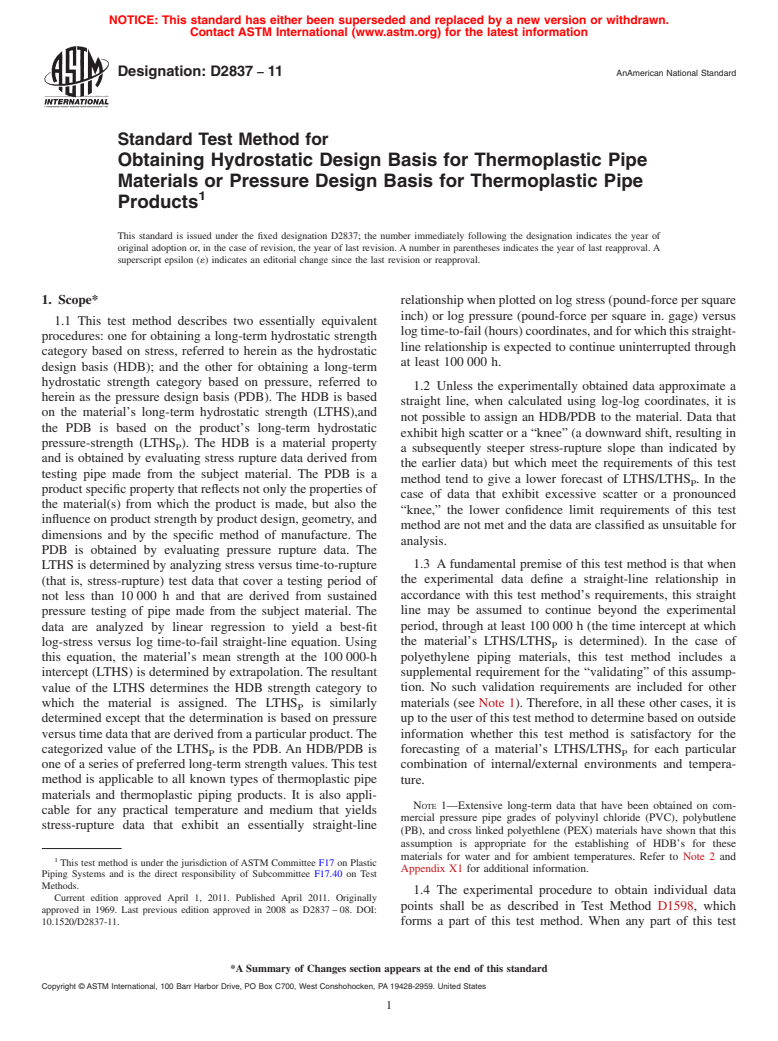 ASTM D2837-11 - Standard Test Method for  Obtaining Hydrostatic Design Basis for Thermoplastic Pipe Materials or Pressure Design Basis for Thermoplastic Pipe Products