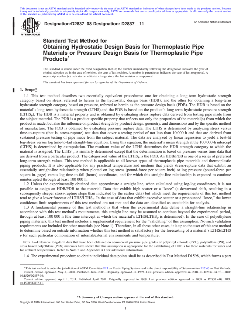 REDLINE ASTM D2837-11 - Standard Test Method for  Obtaining Hydrostatic Design Basis for Thermoplastic Pipe Materials or Pressure Design Basis for Thermoplastic Pipe Products