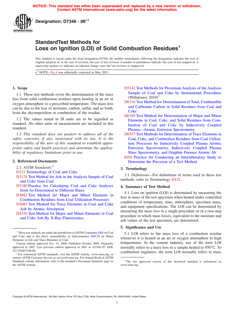 ASTM D7348-08e1 - Standard Test Methods for Loss on Ignition (LOI) of Solid Combustion Residues