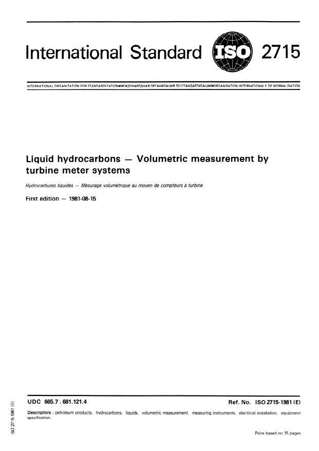 ISO 2715:1981 - Liquid hydrocarbons -- Volumetric measurement by turbine meter systems