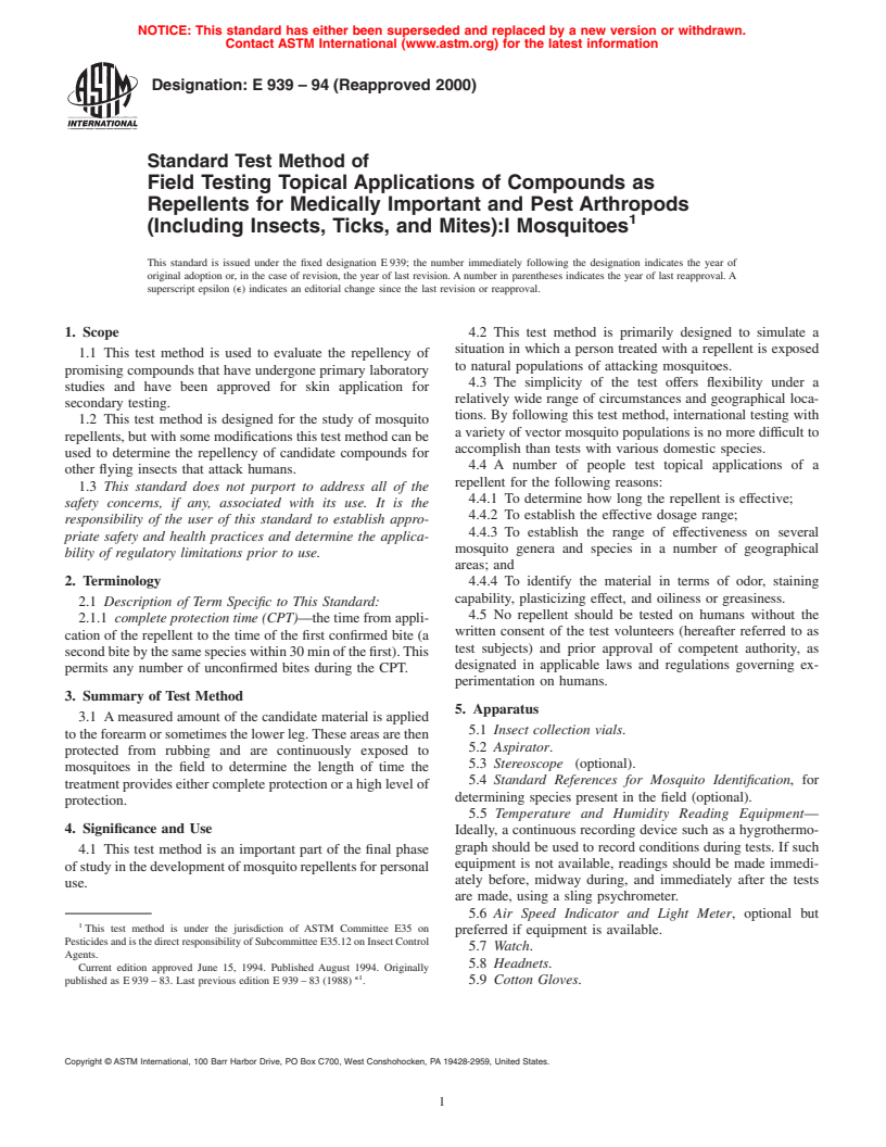 ASTM E939-94(2000) - Standard Test Method of Field Testing Topical Applications of Compounds as Repellents for Medically Important and Pest Arthropods (Including Insects, Ticks, and Mites):I Mosquitoes