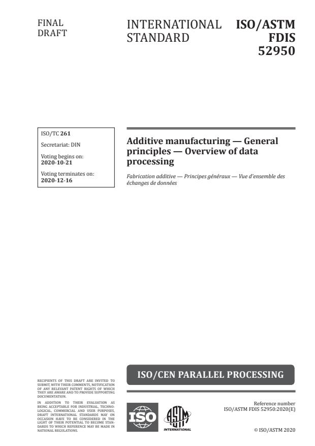 ISO/ASTM FDIS 52950:Version 13-okt-2020 - Additive manufacturing -- General principles -- Overview of data processing