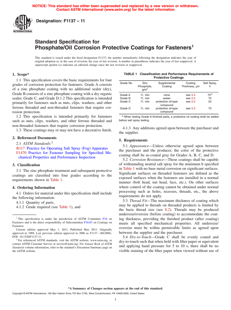 ASTM F1137-11 - Standard Specification for Phosphate/Oil and Phosphate/Organic Corrosion Protective Coatings for Fasteners