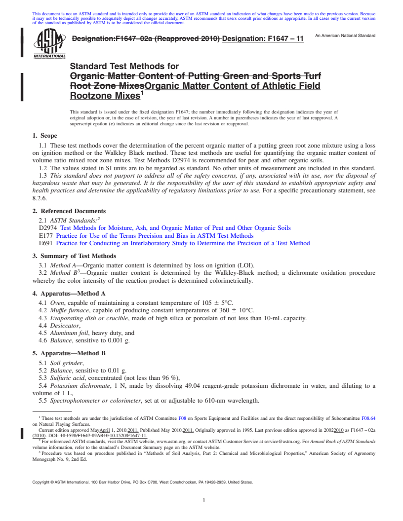 REDLINE ASTM F1647-11 - Standard Test Methods for  Organic Matter Content of Athletic Field Rootzone Mixes