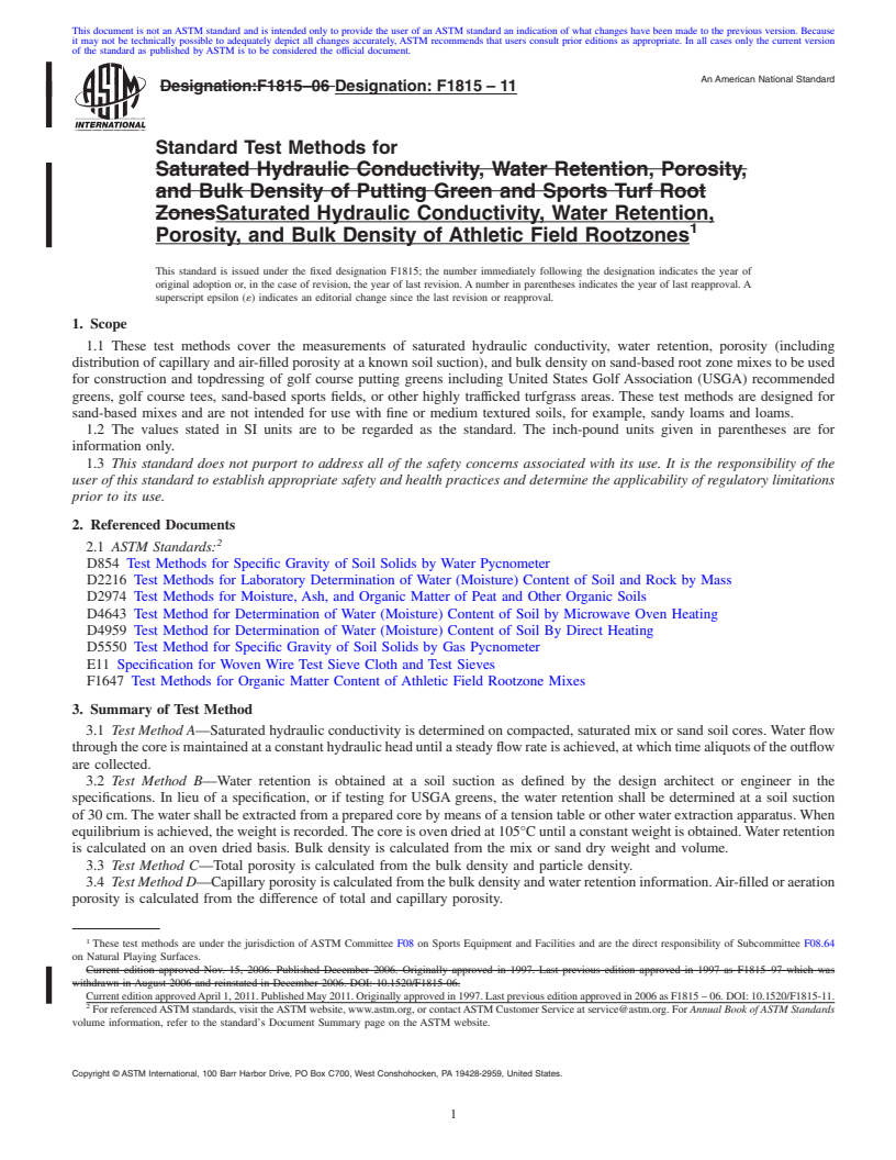 REDLINE ASTM F1815-11 - Standard Test Methods for Saturated Hydraulic Conductivity, Water Retention, Porosity, and Bulk Density of Athletic Field Rootzones