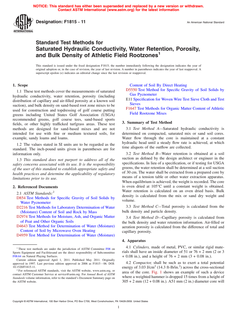 ASTM F1815-11 - Standard Test Methods for Saturated Hydraulic Conductivity, Water Retention, Porosity, and Bulk Density of Athletic Field Rootzones