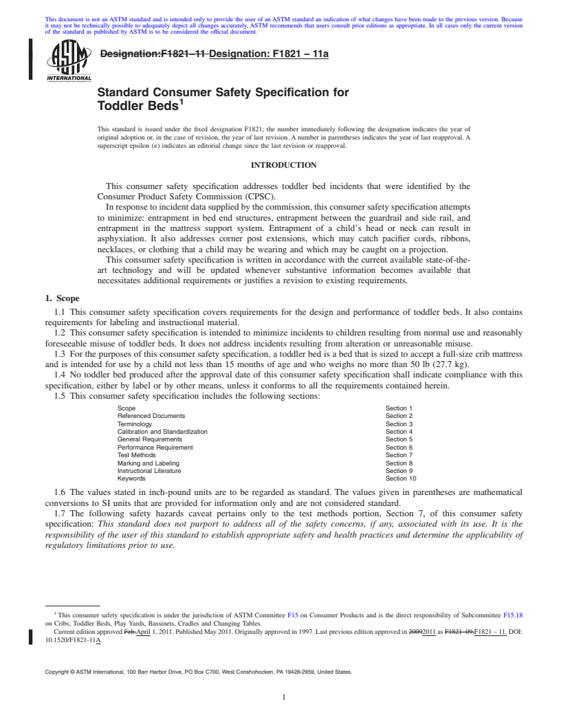 REDLINE ASTM F1821-11a - Standard Consumer Safety Specification for Toddler Beds