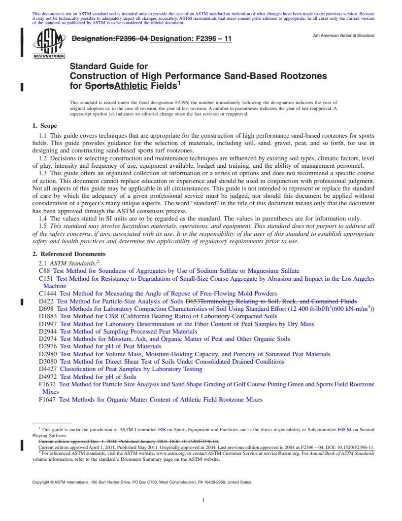 REDLINE ASTM F2396-11 - Standard Guide for Construction of High Performance Sand-Based Rootzones for Athletic Fields